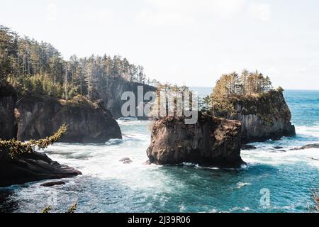 Das Meer liegt vor der Küste von Cape Flattery im Bundesstaat Washington Stockfoto