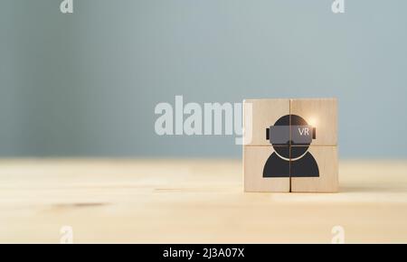 VR Virtual Reality Brille futuristisches Technologiekonzept. Zukünftige Gadgets, Bildung online, Studium, Videospiel, Visualisierung für Unternehmen. Aus Holz Stockfoto