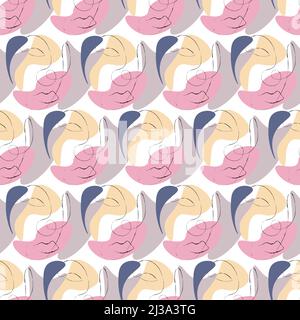 Nahtloses Muster mit Porträts und Farbflecken. Abstrakte, stilisierte Vektorzeichnung. Stock Vektor