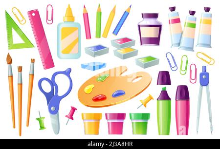 Schulbedarf und Schreibwaren, Lernartikel Buntstifte, Farben und Pinsel, Leim, Lineal und Schere mit Kompass, Marker und Palette mit Pap Stock Vektor