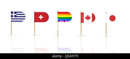 Zahnstocherflaggen der Länder Griechenland, Schweiz, Kanada und Japan mit LGBT-Regenbogenpfennig auf spitzen Holzstäben. Ovale Kante nationale Banner isol Stock Vektor