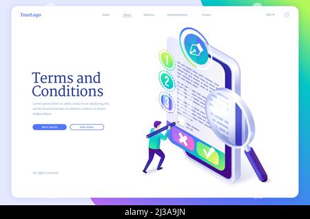 Banner zu den allgemeinen Geschäftsbedingungen. Geschäftsdokumente für die Einhaltung von Gesetzen, Vereinbarungen und Verträgen. Vektor Landing Page von Regeln und Nutzungsbedingungen mit i Stock Vektor