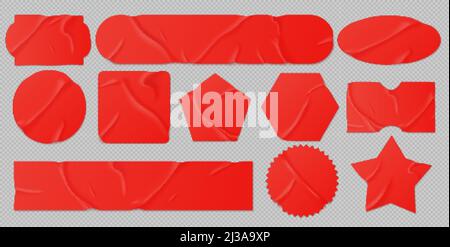 Rot geklebte Aufkleber oder zerknitterte Papierflecken mockup. Leere geschrumpfte Etiketten in verschiedenen Formen rund, quadratisch, Stern, Streifen und Rechteck faltig embl Stock Vektor