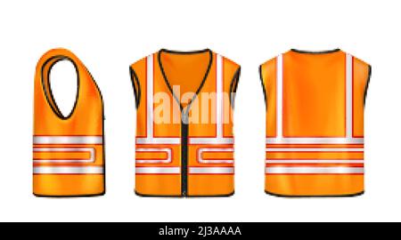 Sicherheitsweste in Vorder-, Seiten- und Rückansicht, orange ärmellose Jacke mit reflektierenden Streifen für Straßenarbeiten, Weste Mockup mit fluoreszierendem Schutz Stock Vektor