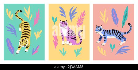 Set von Postern mit niedlichen Cartoon-Tigern auf weißem Hintergrund isoliert. Stock Vektor