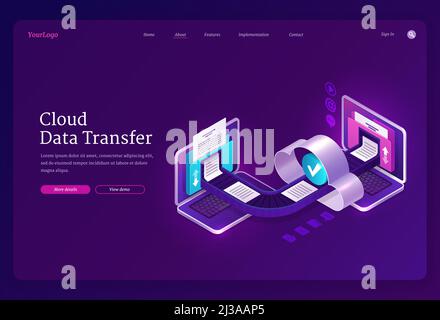 Cloud-Datentransfer-Banner. Online-Technologien für den Austausch von Dateien und Dokumenten zwischen Computern, digitalen Archiven und Datenbanken. Vektor-Landing-Page Stock Vektor