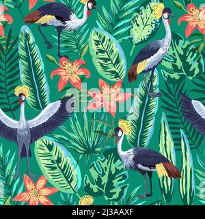 Vektor nahtloses Muster mit tropischen Dschungelblättern und Blumen und gekrönten Kranichvögeln. Stock Vektor