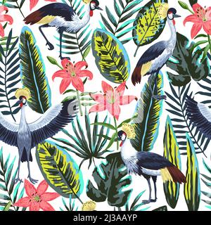 Vektor nahtloses Muster mit tropischen Dschungelblättern und Blumen und gekrönten Kranichvögeln. Stock Vektor