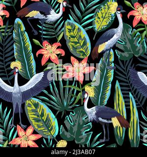 Vektor nahtloses Muster mit tropischen Dschungelblättern und Blumen und gekrönten Kranichvögeln. Stock Vektor