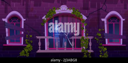 Altes Spukhaus mit Frauengeist im Fenster. Kaputtes verlassene Gebäude mit vernagelten Fenstern und Efeu-Reben an der Ziegelmauer. Vektor Cartoon illustrati Stock Vektor