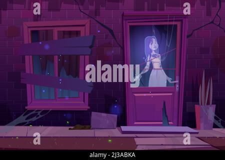 Spukhaus mit Geist stehen in der Dunkelheit hinter dem Türfenster. Beängstigend verlassene alte Gebäude außen mit toter Frau Geist innen, rissige Wand, h Stock Vektor