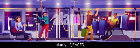 Die Leute fahren nachts im Stadtbus. Vektor-Cartoon-Illustration von Autobus Innenraum mit Sitzen, Ticket Validator, sitzende Frau mit Hund und stehenden Mann. Fahrgäste im öffentlichen Verkehr am Abend Stock Vektor