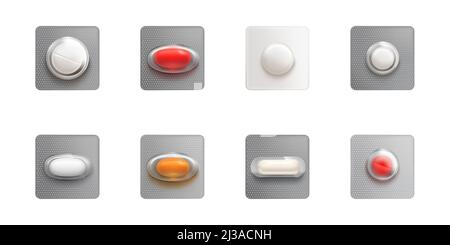 Einzelne Blasen mit Kapseln und Pillen isoliert auf weißem Hintergrund. Vector realistische Nachbau von 3D Medikamenten Paket, weiße, rote und orange Tabletten und Kapseln in Kunststoff-und Folienverpackung Stock Vektor