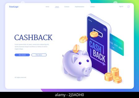 Isometrische Landing Page für Cashback. Geld-zurück-Konzept mit Kreditkarte im Smartphone, Sparschwein und goldenen Münzen. Treueprogramm mit Bonuspunkte, AP Stock Vektor