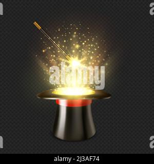 Realistischer Zauberer Hut und Zauberstab auf transparentem Hintergrund. Vektor schwarz Zylinderhut für Zirkus Trick Show oder 3D Zylinder Hut der Fee Zauberer mit rotem Band und Zauber Lichteffekt von Gold funkelt Stock Vektor