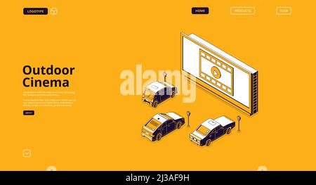 Outdoor-Kino-Banner. Drive-in-Kino mit Autos auf dem Parkplatz im Freien. Vektor Landing Page von Street Auto Cinema mit isometrischer Darstellung von Stock Vektor