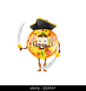 Cartoon Pizza Piraten Charakter mit Säbel. Lustige Vektor Fast-Food-Persönlichkeit corsair tragen cocked Hut. Vollpizza mit Schnurrbart, lächelndes Street Junk Meal, Imbiss zum Mitnehmen mit Salami-Würstchen und Speck Stock Vektor