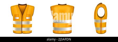 Orangefarbene Sicherheitsweste mit reflektierenden Streifen, Uniform für Bauarbeiten, Fahrer und Straßenarbeiter. Vektor realistische 3d Weste mit Reflektoren und Stock Vektor