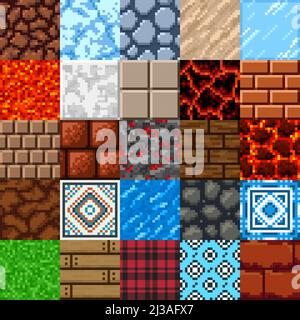 Retro 8 Bit Pixel Art Spiel Oberfläche Muster gesetzt. Vektorstein, Boden, Eis, Lava und Wasser Texturen, Fliesen, Holz Platten, Gras, Schmutz und Felswand quadratische Blöcke von Minen Ressourcen, Spiel ui Assets Design Stock Vektor