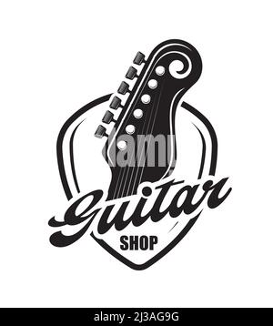 Akustikgitarre Hals Musik Instrumente Shop Icon. Isolierte Vektor-Silhouette von Pick mit Gitarre Kopfplatte, Stimmwirbel oder Tasten und Saiten, monochrom Stock Vektor