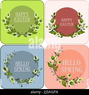 Frohe Osterferien und Hallo Frühling Konzept in Pastellfarben Cartoon-Stil Design. Vier isolierte Vektor-Grußkarten mit Schriftzug. Blumen, fließen Stock Vektor