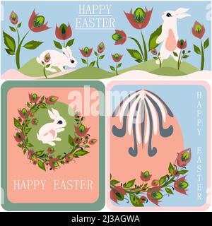 Frohe Osterferien und Hallo Frühling Konzept in Pastellfarben Cartoon-Stil Design. Drei isolierte Vektor-Grußkarten mit Schriftzug. Blumen, Flo Stock Vektor