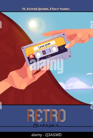 Retro-Mixtape-Poster mit Händen, die eine Vintage-Audiokassette halten. Mix aus Pop- und Tanzmusik der 80er Jahre. Vektor-Banner mit Cartoon-Illustration des Austausches Stock Vektor