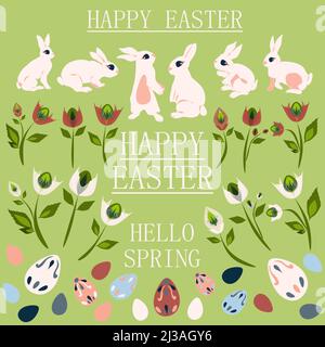 Frohe Ostern Urlaub set von Vektor isoliert Elemente in Pastellfarben Cartoon-Stil. Riesige Reihe von Osterhasen, Eiern und Blumen und Schriftzügen. Verdammt Stock Vektor