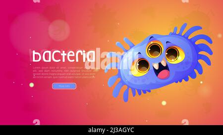 Bakterien Cartoon Web-Banner mit lustigen blauen Mikrobe oder Virus-Charakter. Niedliche Zelle, fröhlicher Keim mit drei Augen auf lächelndem Gesicht und Flagella. Erreger Mikrobe, Mikroorganismus Vektor-Illustration Stock Vektor