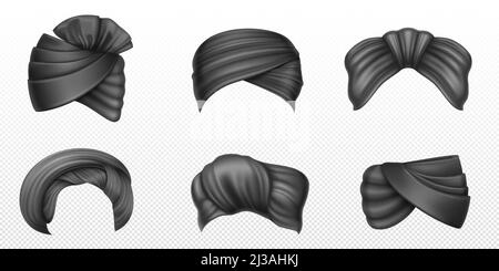 Schwarze Turbane, indischer und arabischer Kopfschmuck für Mann und Frau. Vector realistische Satz von Wickeln Kopftücher, traditionelle Kleidung in Indien, pagdi isoliert Stock Vektor