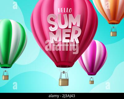 Sommer Luftballon Vektor-Design. Hallo Sommer Grußtext in Heißluftballons fliegen in den Himmel für Banner Hintergrund. Vektorgrafik. Stock Vektor