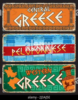 Mittel- und Westgriechenland, Peloponnes griechenland Reisen Aufkleber und Teller. Griechenland Regionen retro Reisen Zinnschilder, Grunge Vektor-Platten mit Typografie, alte Spalten und Karte Silhouette Stock Vektor