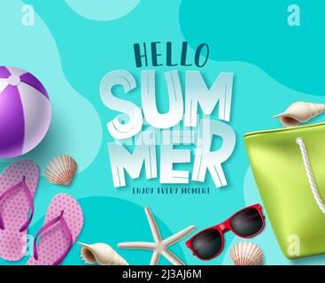 Sommer Vektor Hintergrund Design. Hallo Sommer Grußtext mit Strand-Elementen für tropische Feiertage Saison Banner-Design. Vektorgrafik. Stock Vektor