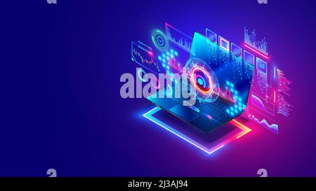 Technologie der Computerdatenanalyse Konzept. Analyse-Diagramme auf dem Bildschirm-Laptop. Finanzdatendiagramme und Statistikdiagramme auf dem Computer Stock Vektor