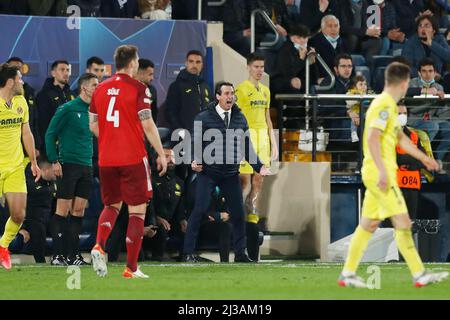 Vila-Real, Spanien. 6. April 2022. Unai Emery (Villarreal) Fußball/Fußball : UEFA Champions League Viertelfinale 1.-Leg-Spiel zwischen Villarreal CF 1-0 FC Bayern München im Estadio de la Ceramica in Vila-Real, Spanien . Quelle: Mutsu Kawamori/AFLO/Alamy Live News Stockfoto