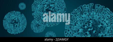 SARS-CoV-2 Coronavirus-Konzept in transparentem Blaugrün. Nahaufnahme des Mikroskop-Virus-Banners. 3D Rendering mit selektivem Fokus. Stockfoto