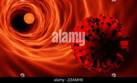 SARS-CoV-2 Coronavirus-Konzept in rot. Mikroskop-Virus Nahaufnahme in Blutgefäß. 3D Rendering mit selektivem Fokus. Stockfoto