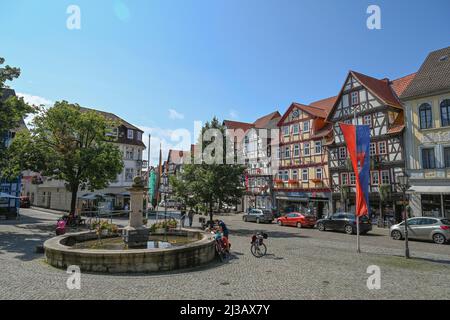 Brunnen, Marktplatz, Fachwerkhäuser, Allendorf, Altstadt, Bad Sooden-Allendorf, Hessen, Deutschland Stockfoto