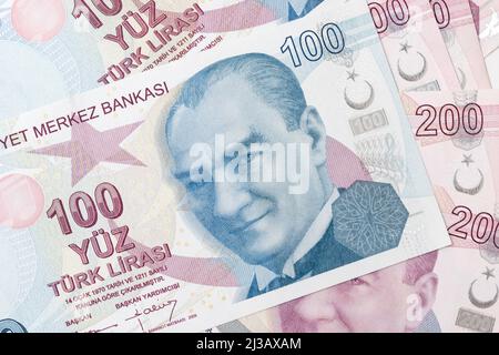 Türkische Banknoten, türkische Lira-Zahlen Makroaufnahme. Stockfoto