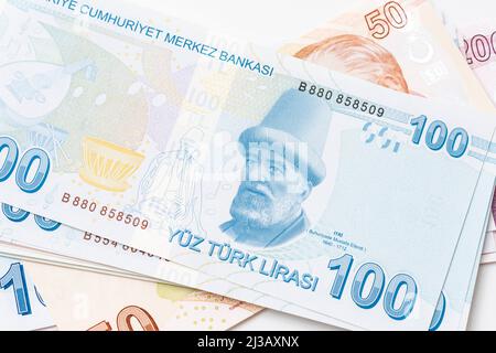 Türkische Banknoten, türkische Lira-Zahlen Makroaufnahme. Stockfoto