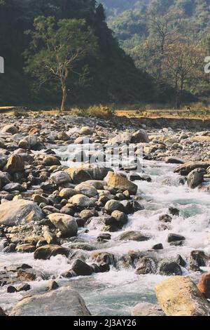 Malerische Landschaft der himalaya-Ausläufer und schönen Bergbach (Balason Fluss) fließt durch Felsbrocken bedeckt terai Region bei dudhia, indien Stockfoto