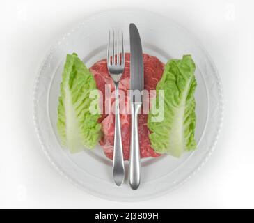 Romainensalat, Rindersteak, Teller, ausgeschnitten, Studioaufnahme Stockfoto