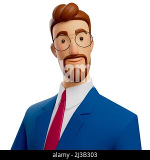 3D Illustration eines lächelnden Geschäftsmannes Nahaufnahme Porträt. Cute Cartoon Mann Avatar, Charakter Gesicht, isoliert auf weißem Hintergrund Stockfoto
