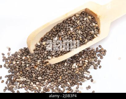 Holzlöffel mit Chia-Samen, ein Superfood auf hellneutraler Oberfläche Stockfoto