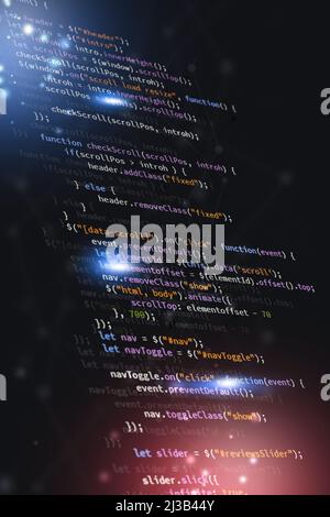 javascript Programmierung Web-Codierung. Entwicklung von Front-End-Sprache für Website. Mixed-Media-Technologie Hintergrund Stockfoto