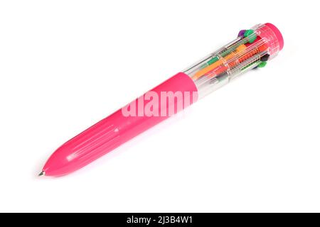 Rosa mehrfarbiger Stift isoliert auf weißem Hintergrund. Hochauflösendes Foto. Volle Schärfentiefe. Stockfoto