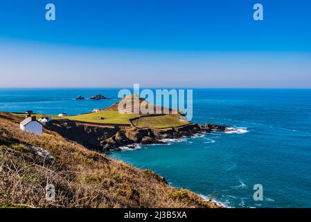 Blick über Porth Ledden Beach nach Cape Cornwall, in der Nähe von Penzance, Cornwall, Großbritannien Stockfoto