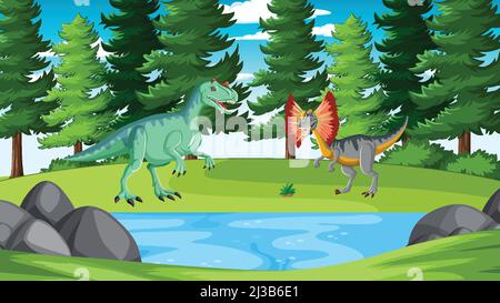 Naturszene mit Teich und Dinosaurier Illustration Stock Vektor