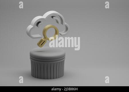Schöne abstrakte Illustrationen Cloud Search Symbol-Symbole auf einem Säulenständer und wunderbaren Hintergrund. 3D Rendering-Illustration. Hintergrundmuster f Stockfoto