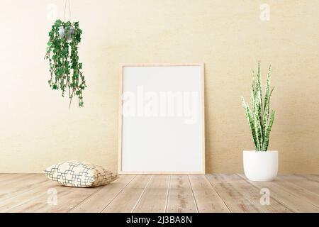 Vertikaler Rahmen-Mockup auf Holzboden im Wohnzimmer mit grünen Pflanzen, Keramik-Töpfen und Kissen auf Betonwand Hintergrund stehen. 3D Abb. Stockfoto